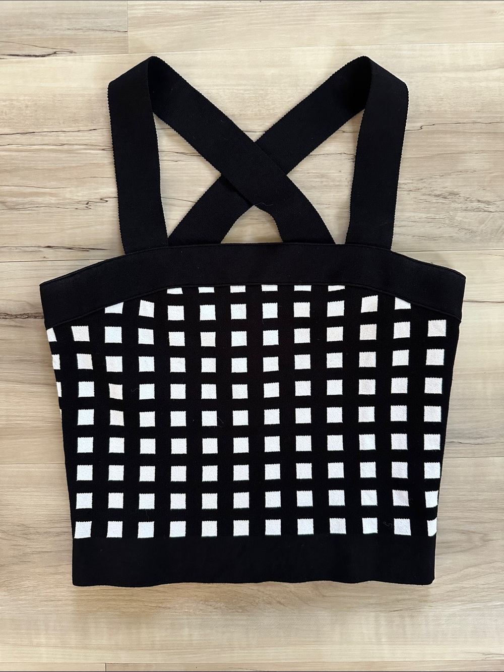 Derek Lam Black and White Grid Knit Cropped Tank with Crossback Straps